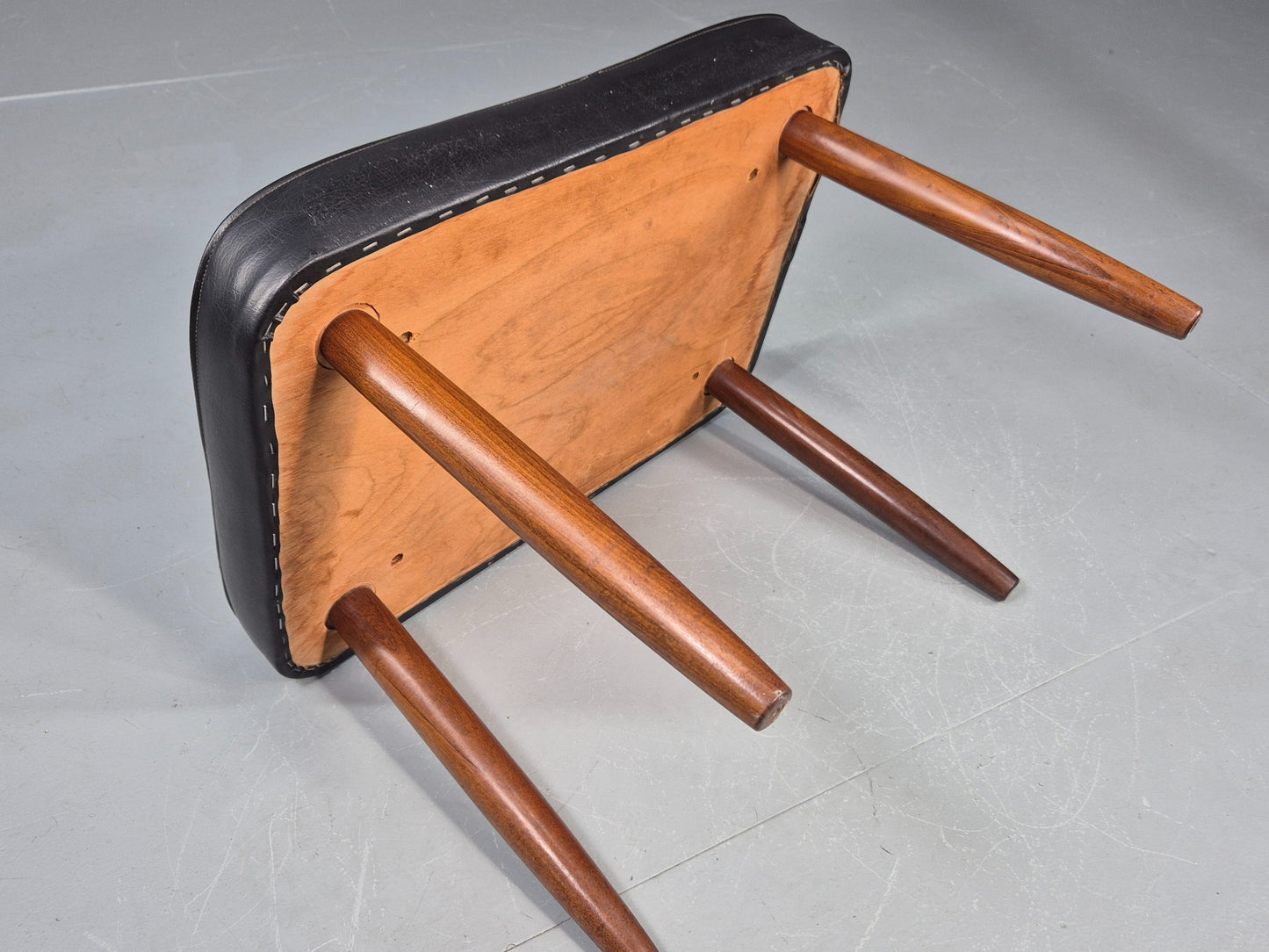 Vintage Mid Century Footstool Danish Black Vinyl Teak Legs 1960s Retro EB12012
