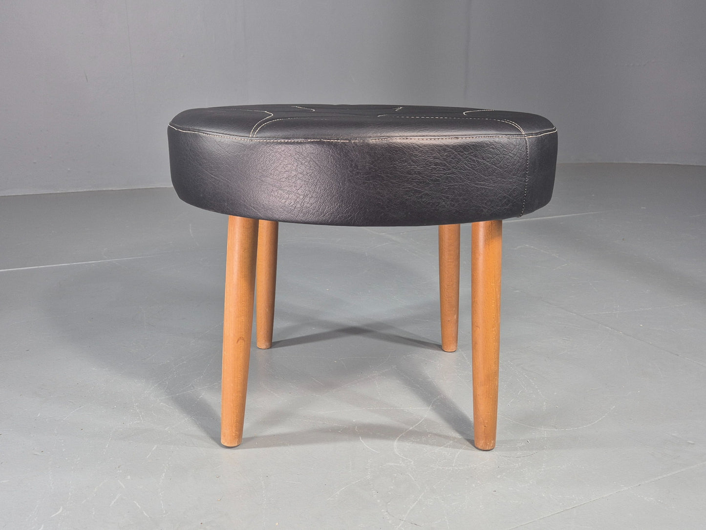 Vintage Danish Mid Century Footstool Black Vinyl Round Beech Legs Retro EB12092