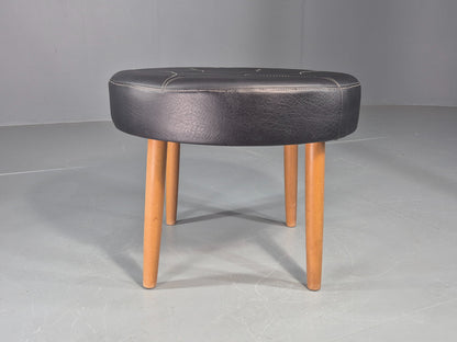 Vintage Danish Mid Century Footstool Black Vinyl Round Beech Legs Retro EB12092
