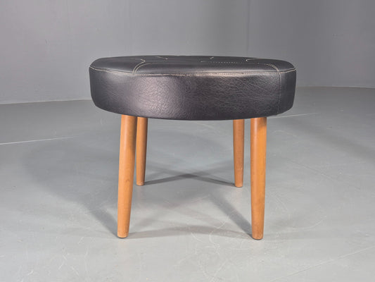 Vintage Danish Mid Century Footstool Black Vinyl Round Beech Legs Retro EB12092