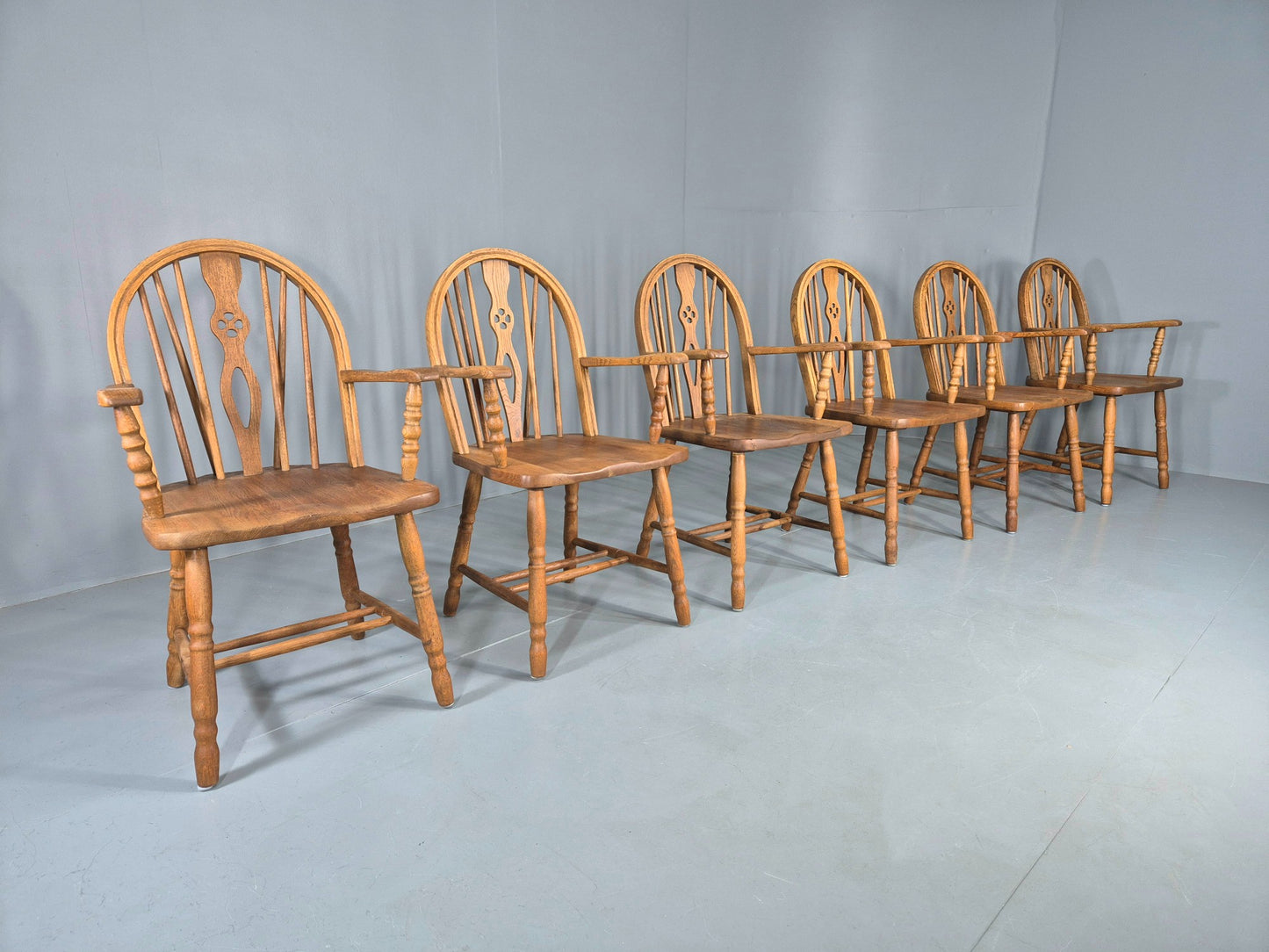 6 Vintage Windsor Armchairs Danish Made Oak Bobbin Turned 20th Century EB12671