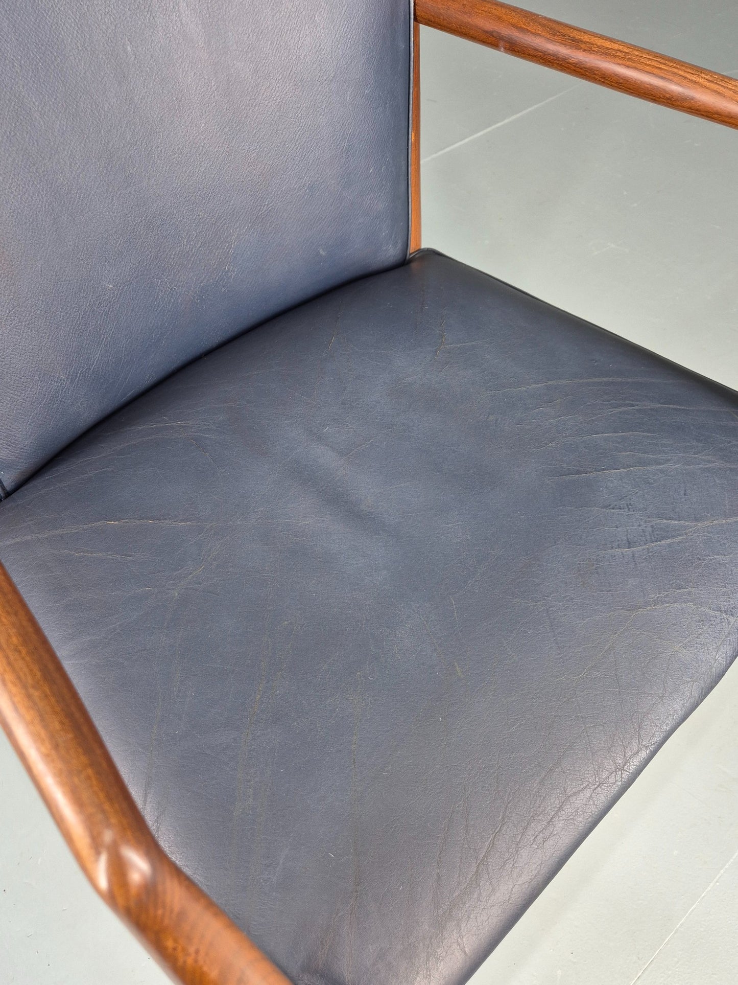 Vintage Mid Century Teak Armchair Blue Leather 1960s Retro EB11897