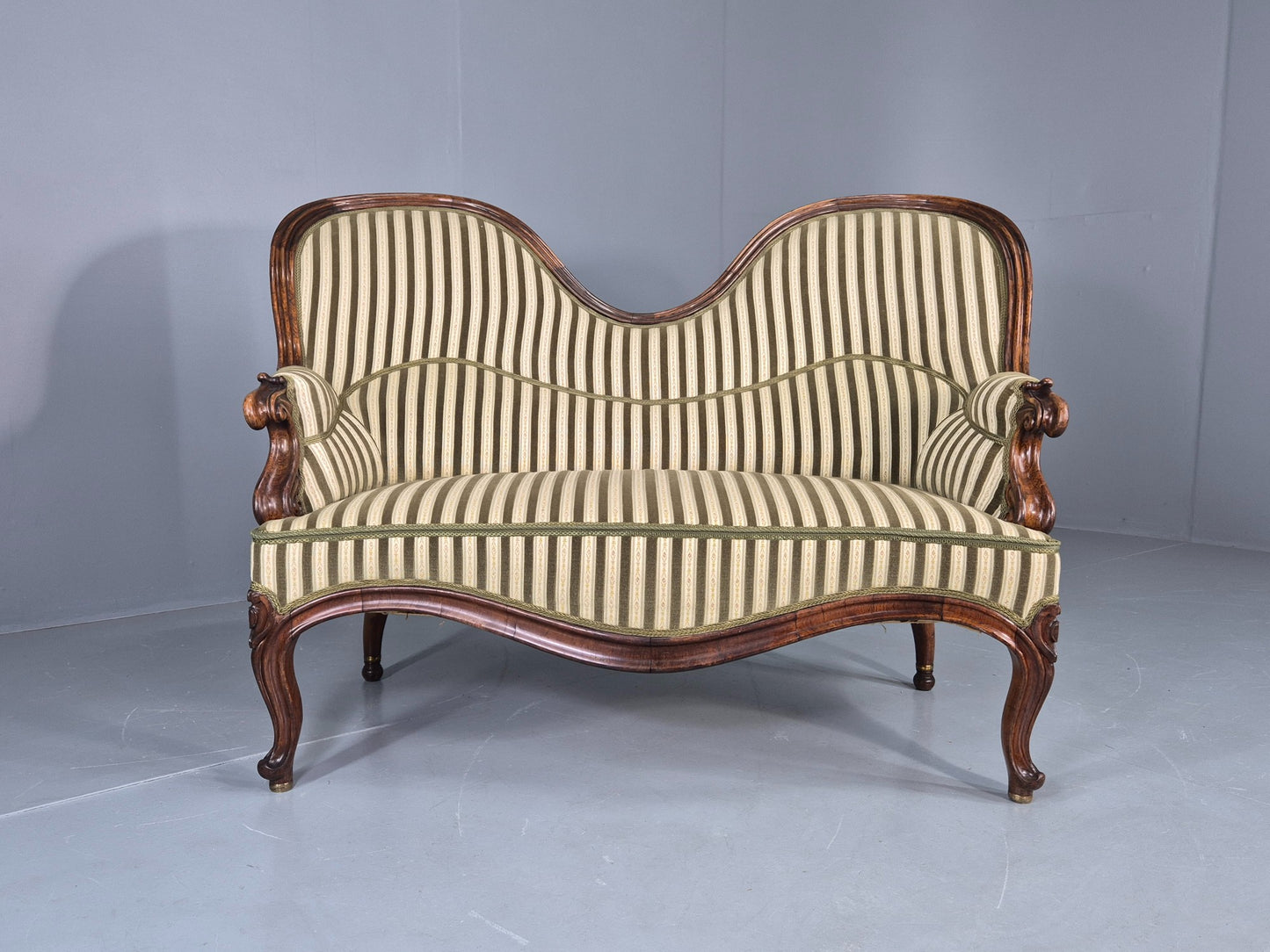 Antique Neo Rococo Serpentine Sofa Danish Mahogany Frame Green Cream EB12702