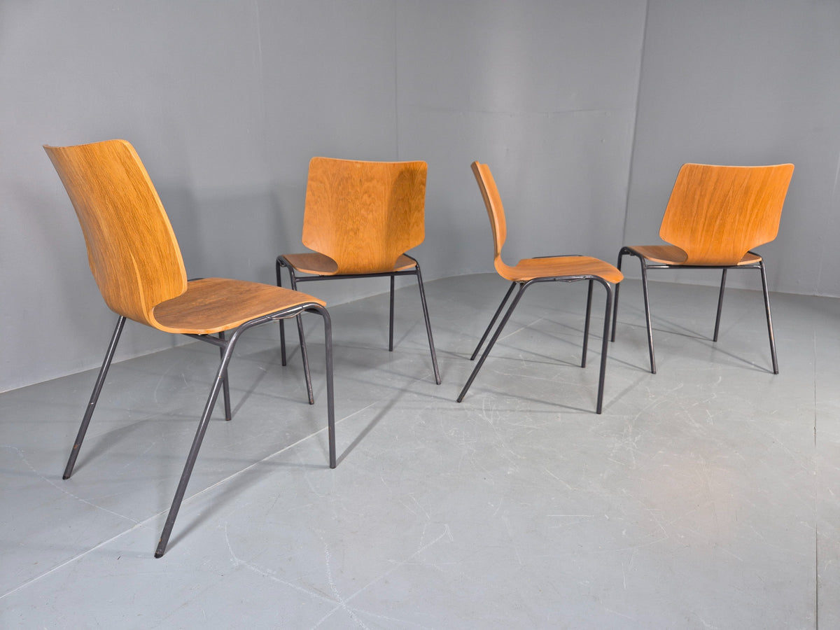 4 Vintage Stacking Chairs Industrial Danish Design Bent Ply Retro MCM EB12660