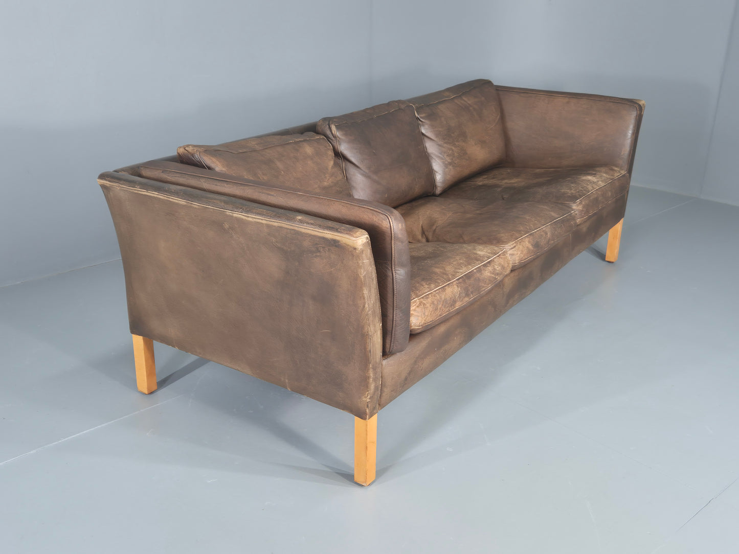 Vintage Danish 3 Seater Sofa 1970s Brown Leather Patinated Retro MCM EB12412