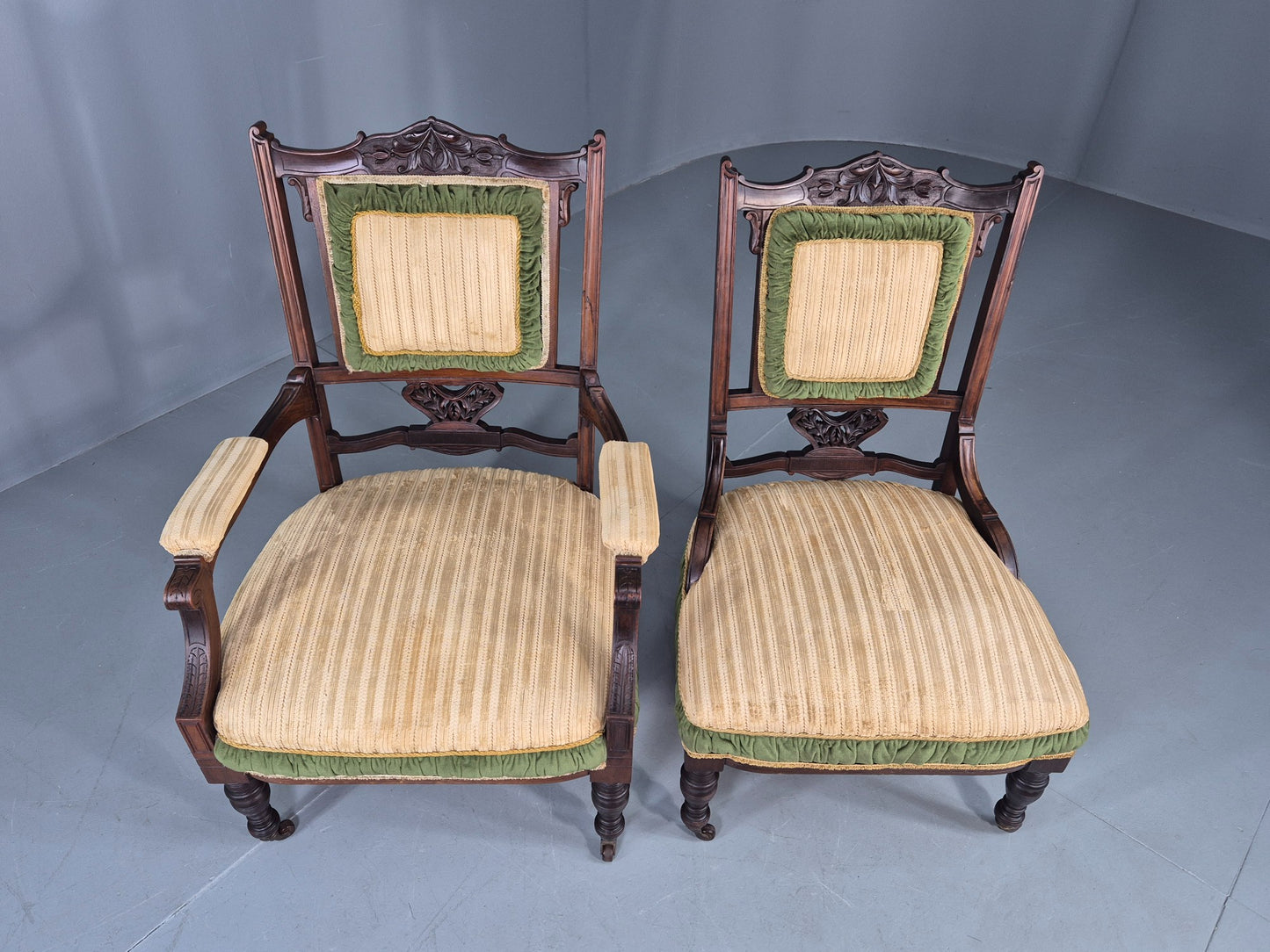 2 Antique Mahogany Saloon Chairs Green and Cream Upholstery Edwardian EB12792