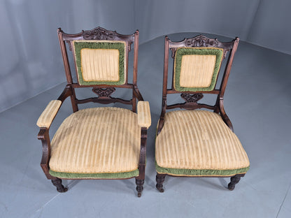 2 Antique Mahogany Saloon Chairs Green and Cream Upholstery Edwardian EB12792