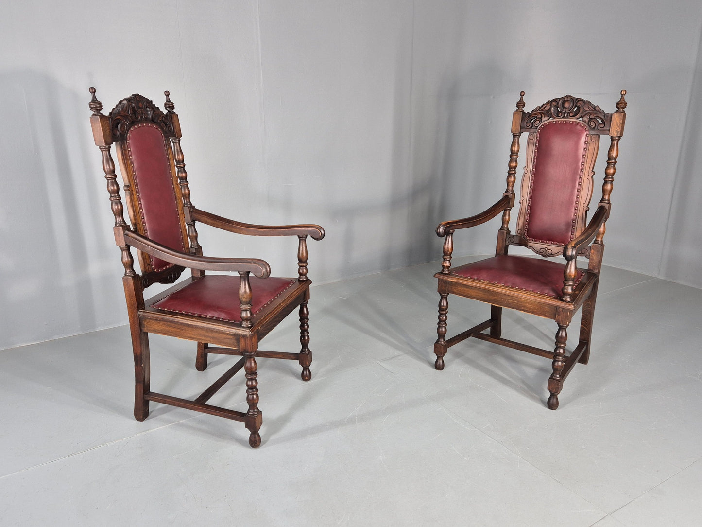 2 Antique Baroque Revival Oak Throne Chairs Late 19th Century EB12259