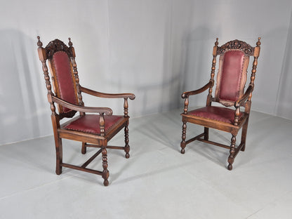 2 Antique Baroque Revival Oak Throne Chairs Late 19th Century EB12259