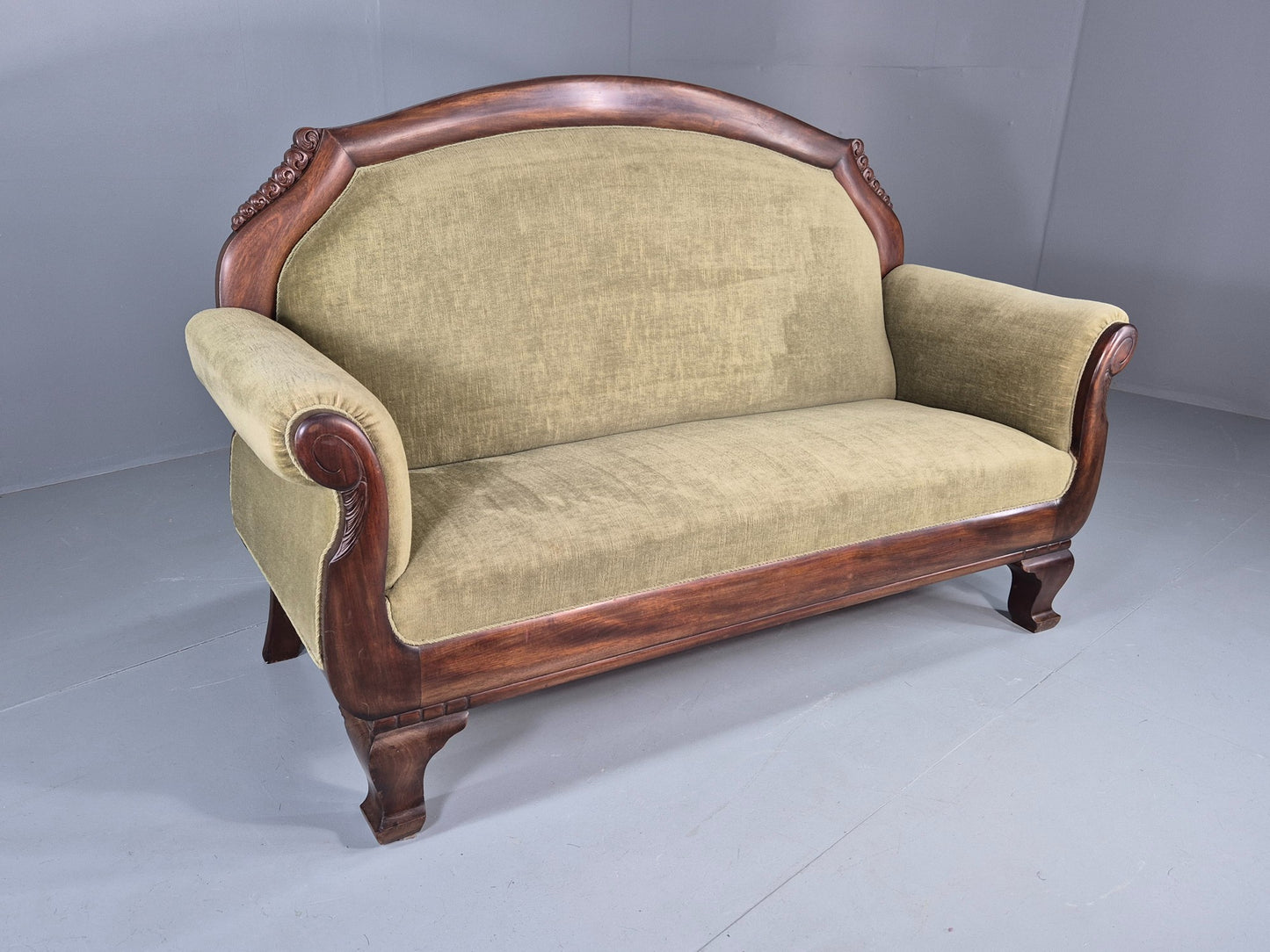 Antique 2 seater Sofa curved back rail Mahogany Exposed Frame 1900s EB12757