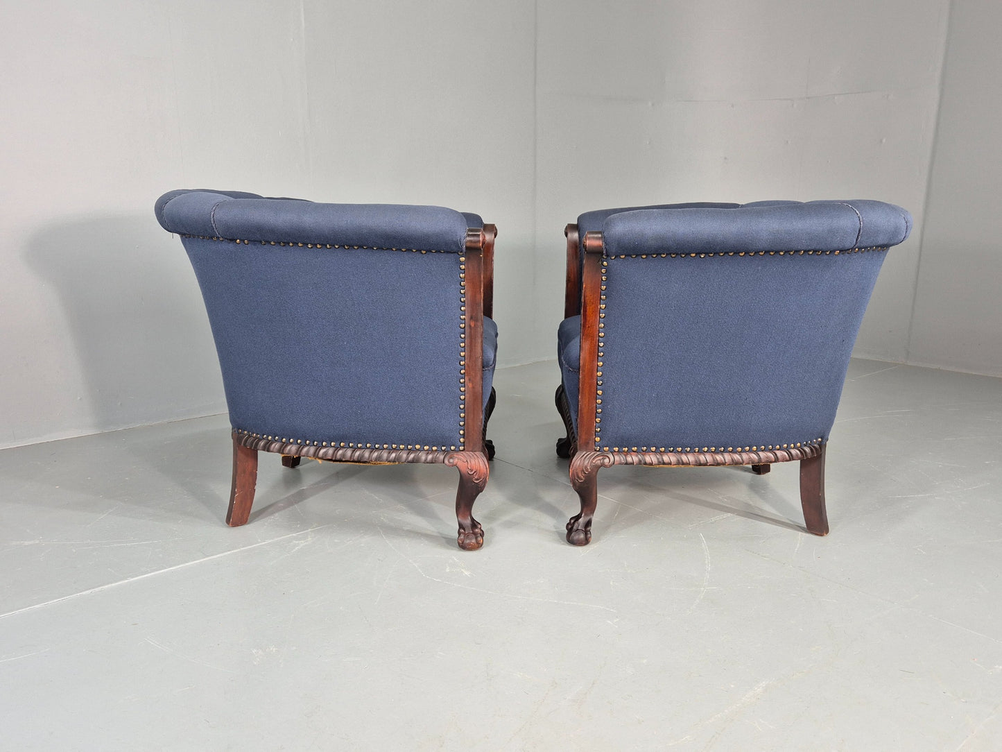 2 Vintage Danish Antique Tub Chairs Rope Twist Oak Ball Claw 1900s EB12684