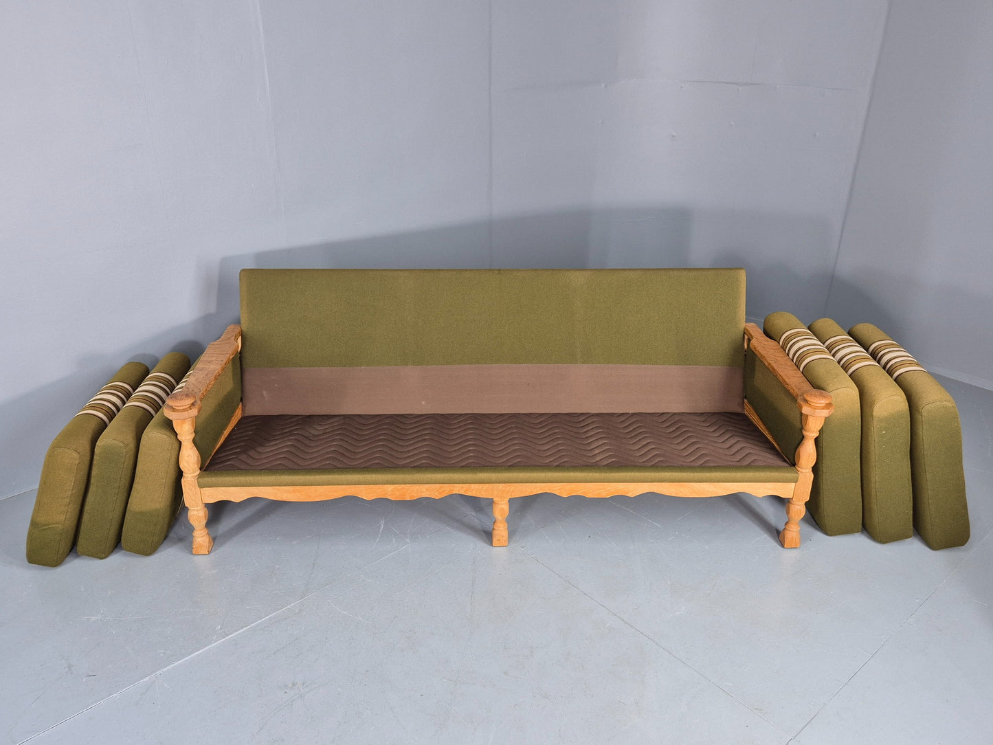 Vintage Danish 3 seater Sofa Oak Kjaenulf Green Cushions 1970s Retro EB12782