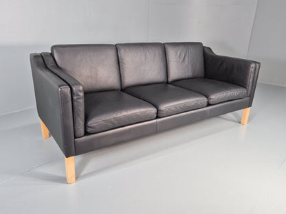 Vintage 3 Seater Sofa Danish Black Leather Mogensen Style Retro MCM 80s EB12440