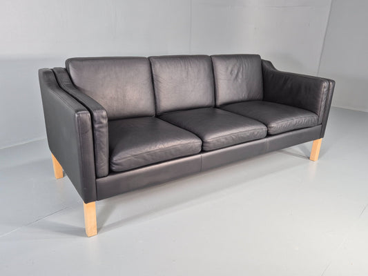 Vintage 3 Seater Sofa Danish Black Leather Mogensen Style Retro MCM 80s EB12440