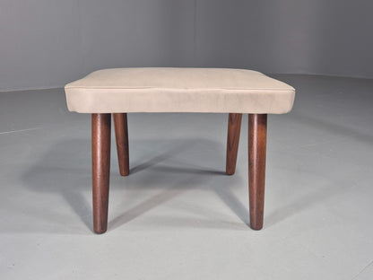 Vintage Mid Century Footstool Danish Cream Vinyl Teak Legs 1960s Retro EB12055
