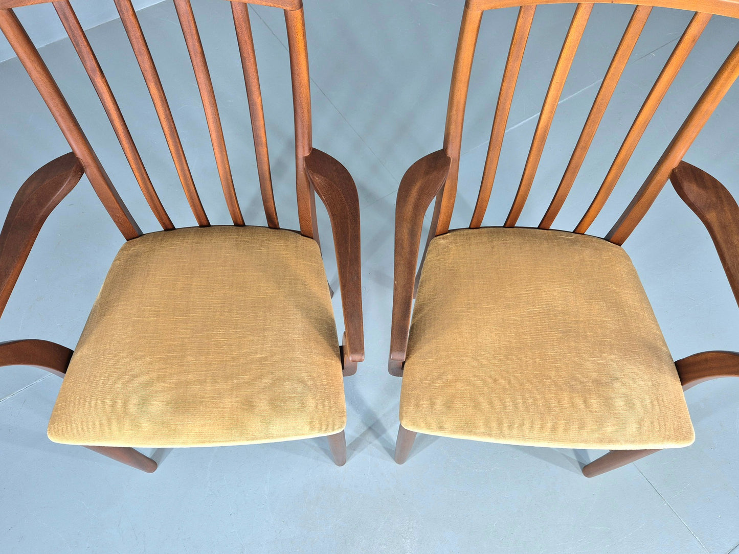 2 Vintage McIntosh Carver Dining Chairs Teak Frames Gold Velour Seats EB12181