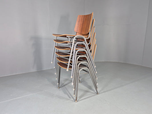 6 Vintage Danish Industrial Chairs Mid Century Teak and Steel Retro EB12666