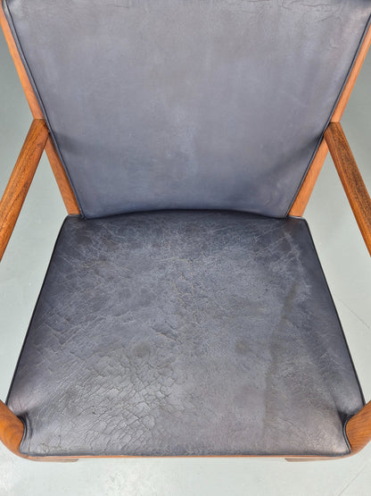 Vintage Mid Century Teak Armchair Blue Leather 1960s Retro EB11898