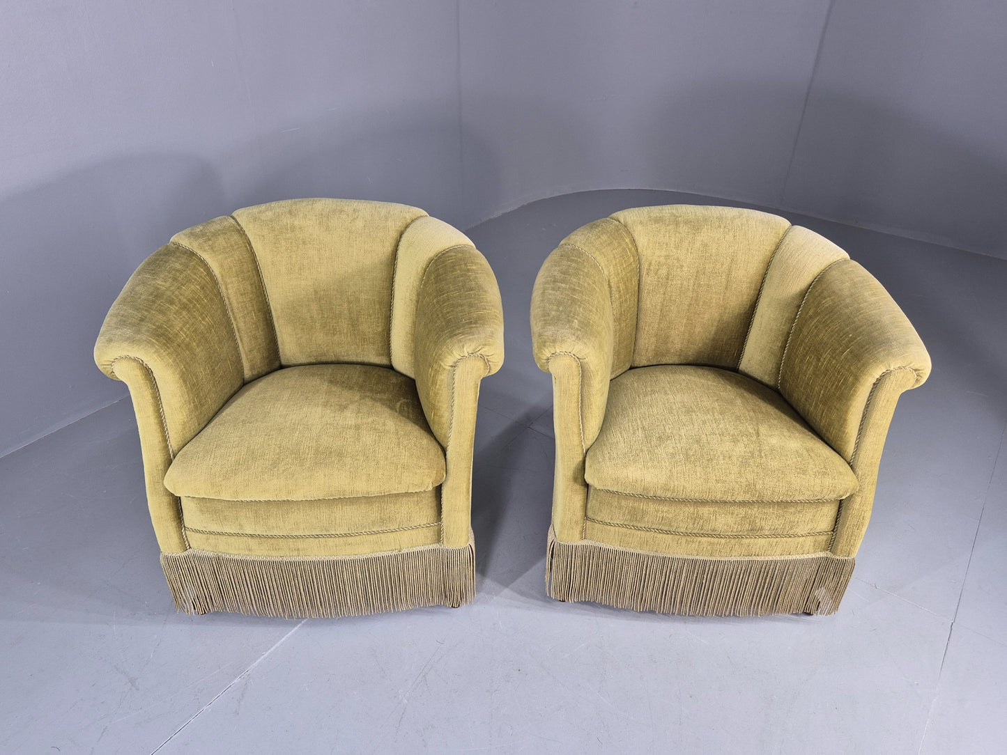 Pair Art Deco Tub Chairs Danish Design 1950s Green Velour Tassels Retro EB12715