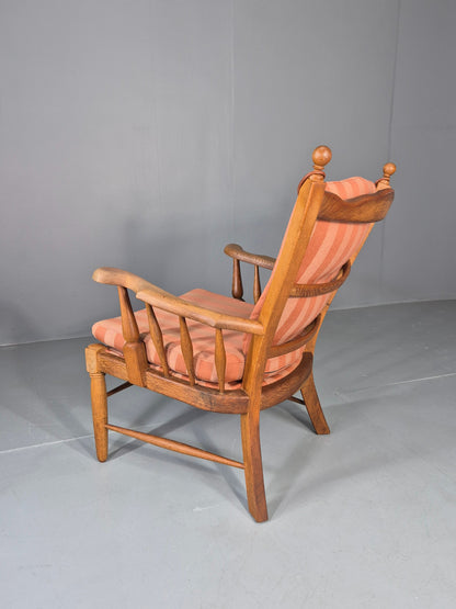 Vintage Danish Oak Lounge Chair 1950s Cottage Style Pink Striped Cotton EB12708