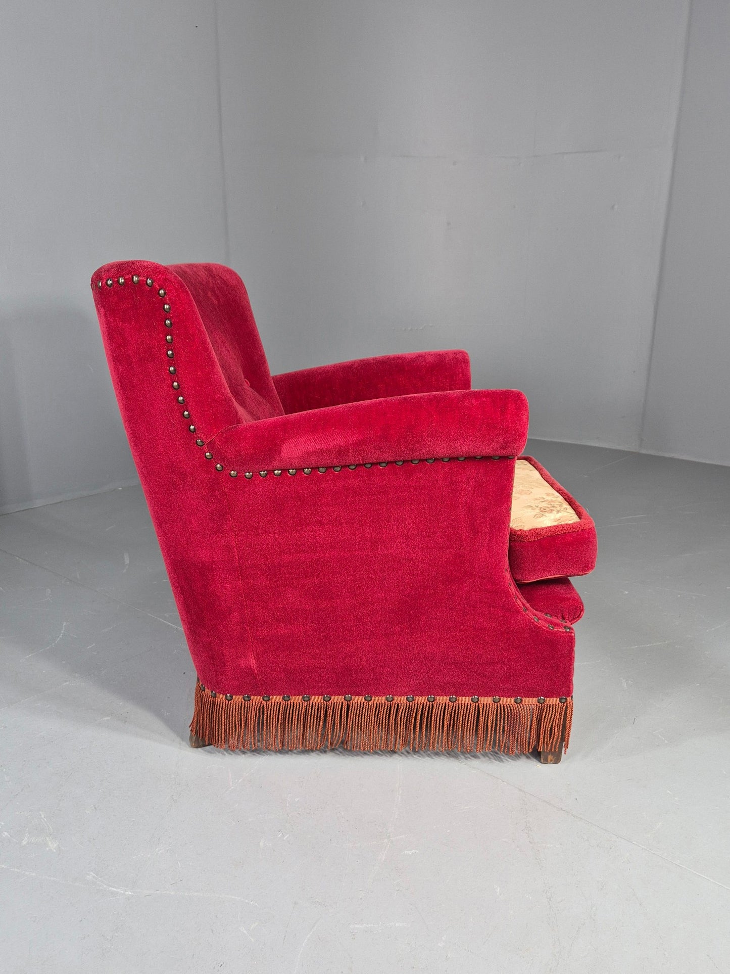Vintage Wingback Lounge Chair Red Velour Cream Cushion Danish 1960s EB12762