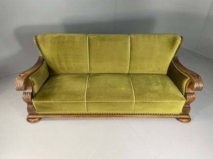 Antique 3 Seat Sofa Danish Oak Frame Green Velour 1900s EB06460