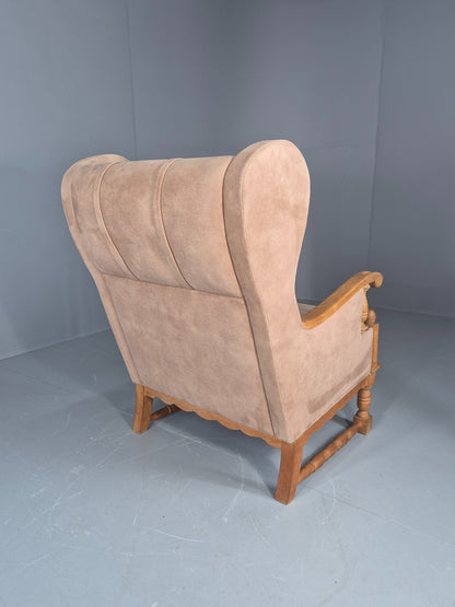Vintage Wing Back Lounge Chair 1970s Danish Faux Suede on Oak Frame EB12774