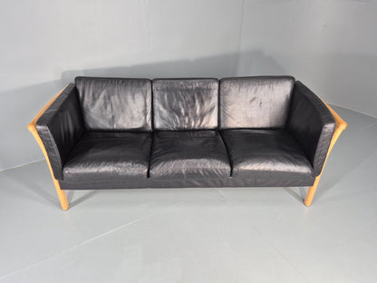Vintage 3 Seater Sofa Danish Black Leather Mid Century Design Retro EB11925 M3SS