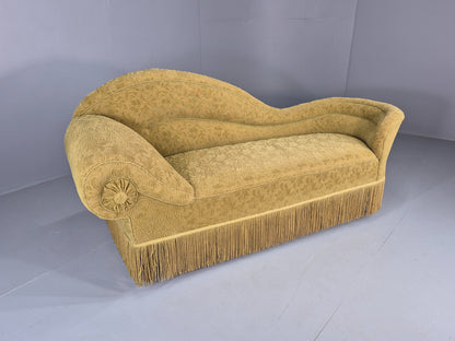 Vintage Danish Art Deco Chaise Lounge Green Moquette Tassels and Curves EB12765