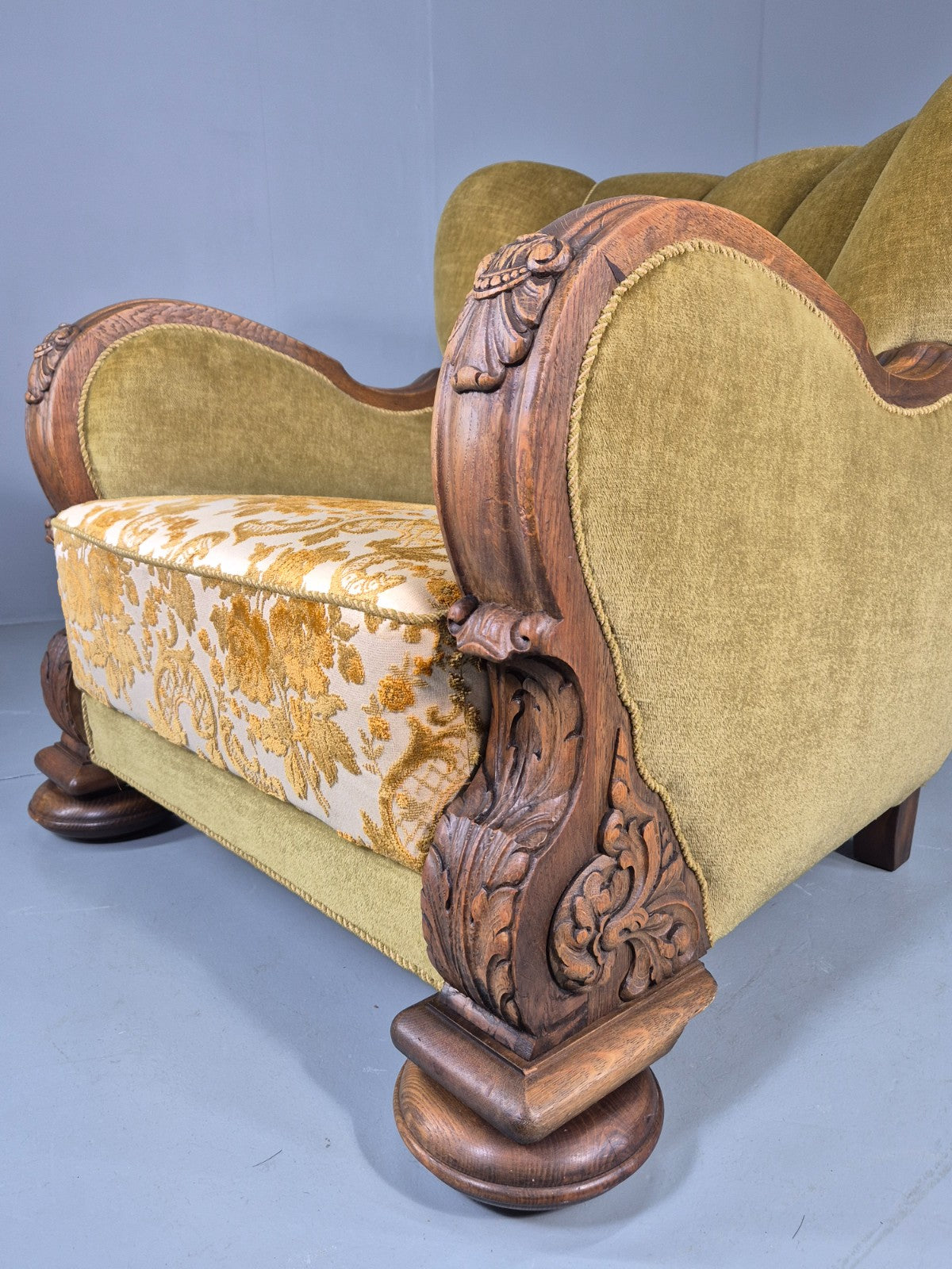 Vintage Danish Art Deco Lounge Chair Carved Oak Frame 1940s Green Floral 12838