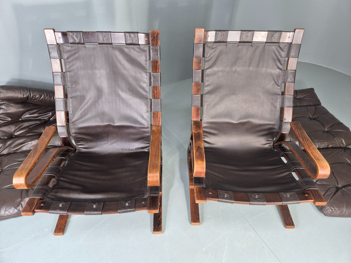 2 Vintage Skyline Leather Lounge Chairs High Back Bentwood Frame Retro EB13085