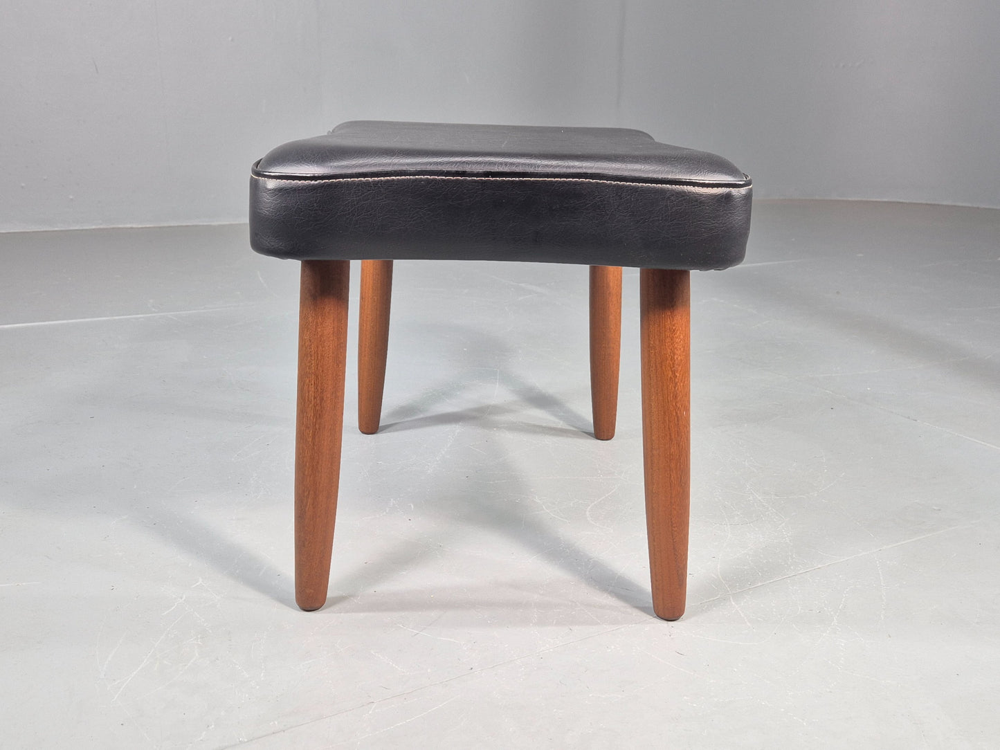 Vintage Danish Mid Century Footstool Black Vinyl Teak Legs 1960s Retro EB12098