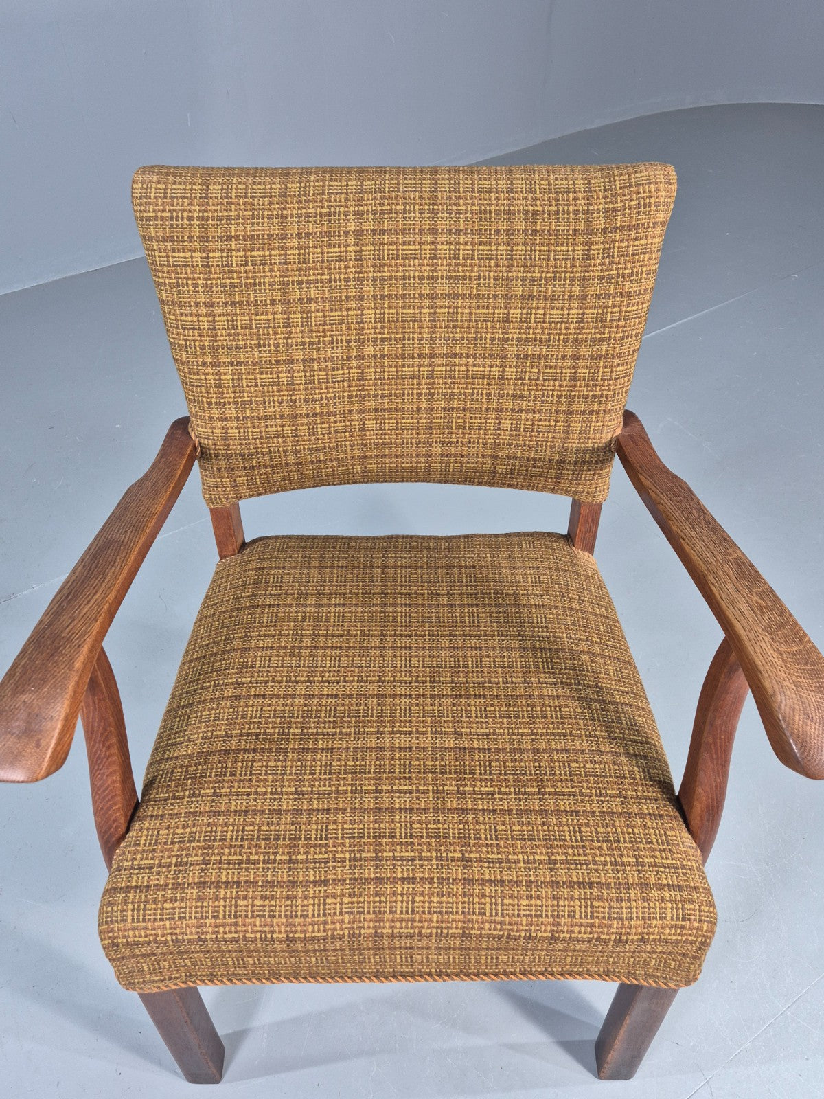 Vintage Elbow Chair 1950s Danish Oak Frame Green Wool Upholstery EB12004