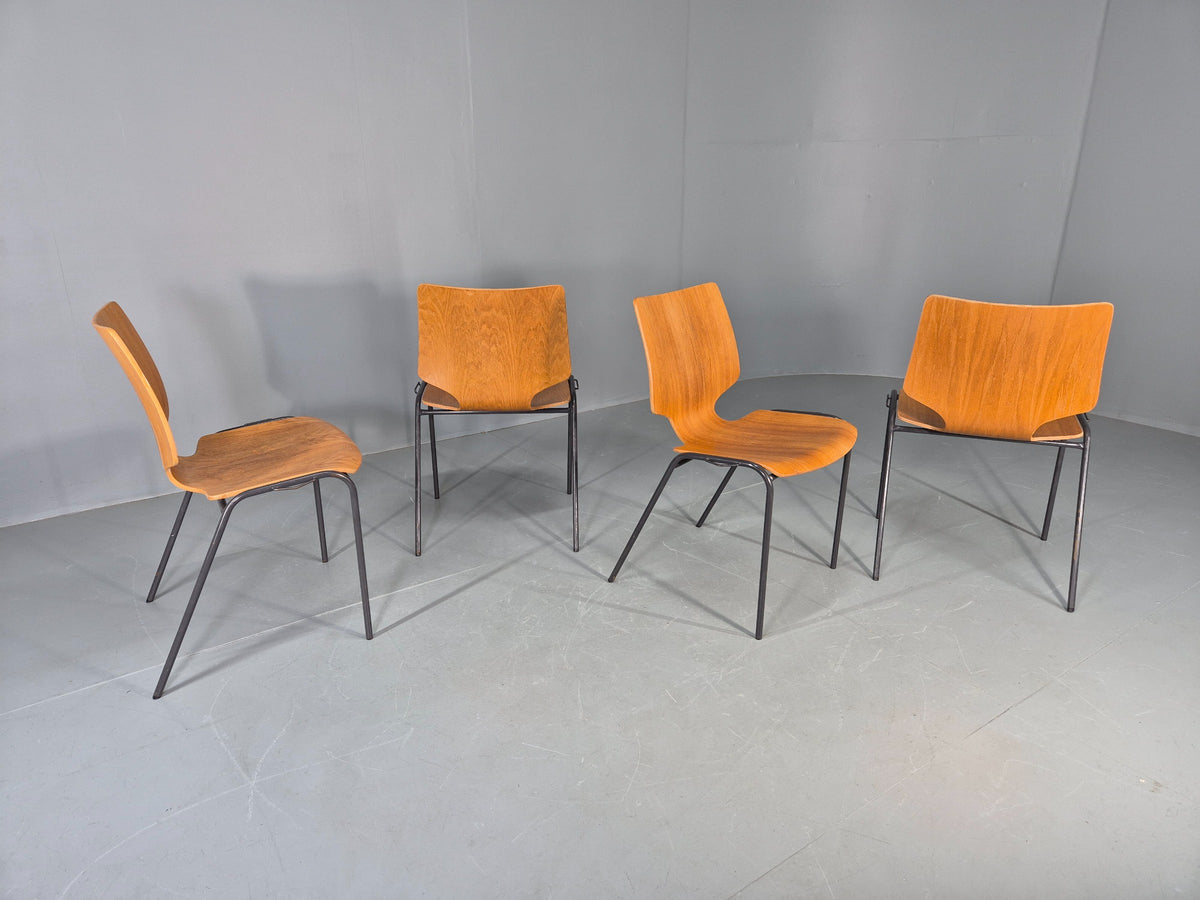 4 Vintage Stacking Chairs Industrial Danish Design Bent Ply Retro MCM EB12660