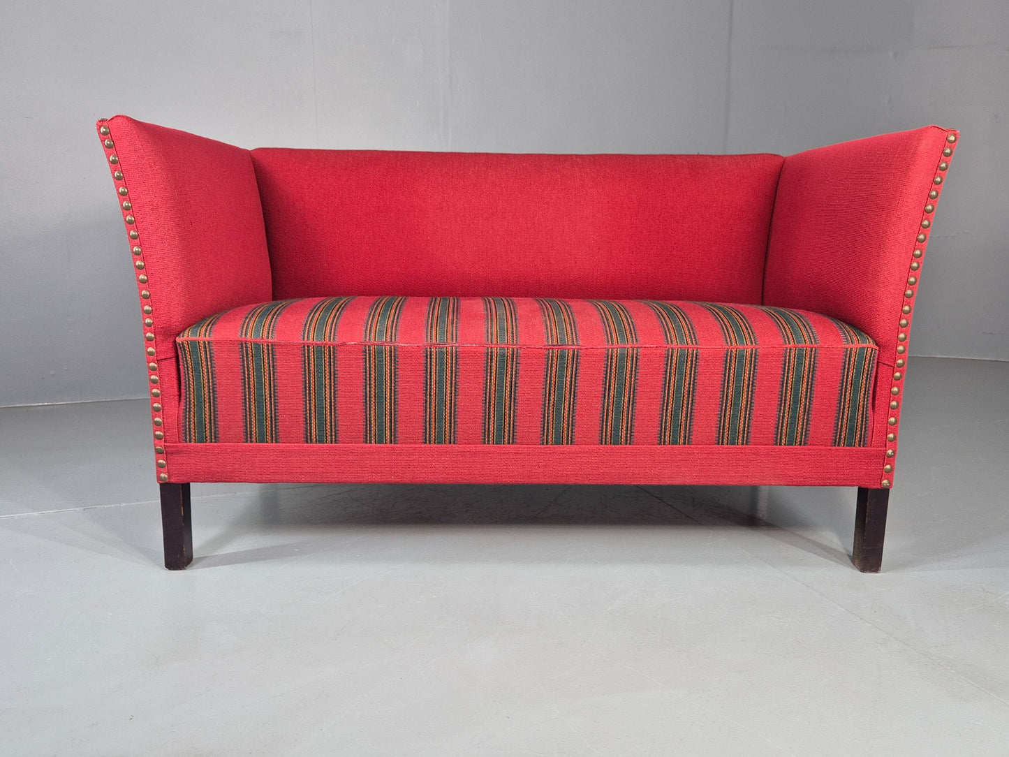 Vintage Danish 2 Seat Sofa Red Stripe Wool 1950s Retro Mid Century EB12735