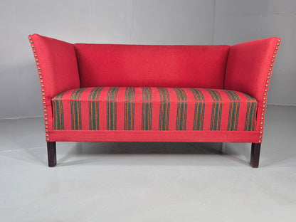 Vintage Danish 2 Seat Sofa Red Stripe Wool 1950s Retro Mid Century EB12735