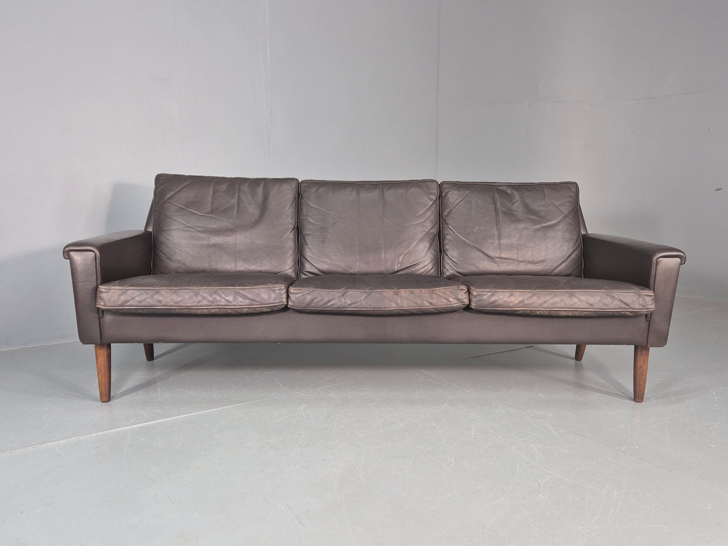 Vintage Mid Century 3 seater Danish Brown Leather Sofa Retro 1960s EB12261