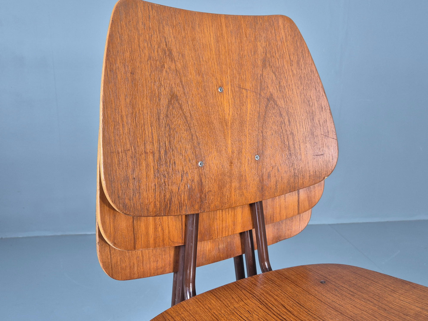 3 Vintage Danish Stacking Chairs Industrial Design Steel Teak Retro 60s Eb12491
