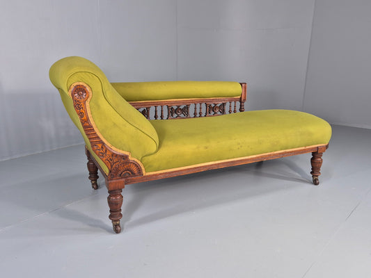 Edwardian Antique Chaise Lounge Green Velvet Velour Oak Frame  EB12458