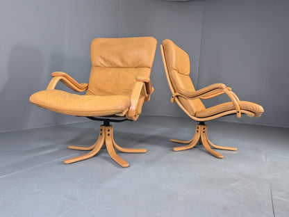 2 Vintage Tan Leather Lounge Chairs 1980s Danish Swivel Bentwood Bases EB13081
