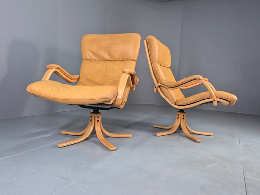 2 Vintage Tan Leather Lounge Chairs 1980s Danish Swivel Bentwood Bases EB13081