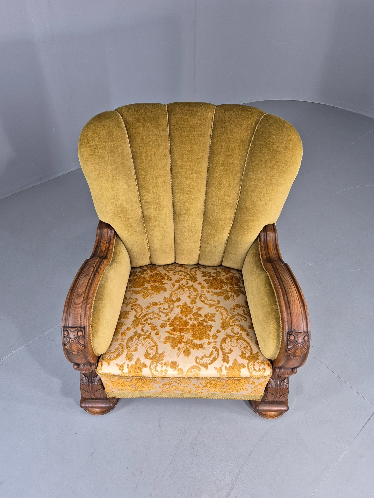 Vintage Danish Art Deco Lounge Chair Carved Oak Frame 1940s Green Floral EB12837