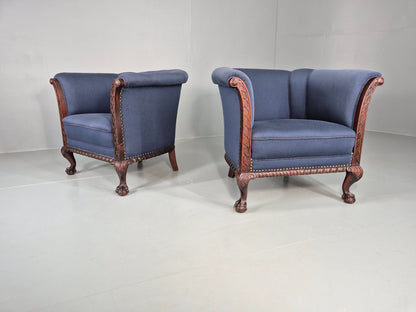 2 Vintage Danish Antique Tub Chairs Rope Twist Oak Ball Claw 1900s EB12684