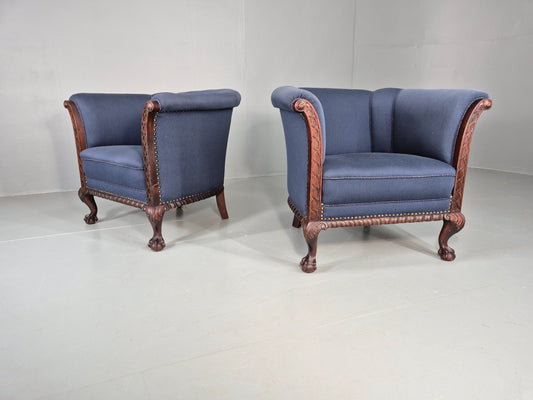 2 Vintage Danish Antique Tub Chairs Rope Twist Oak Ball Claw 1900s EB12684
