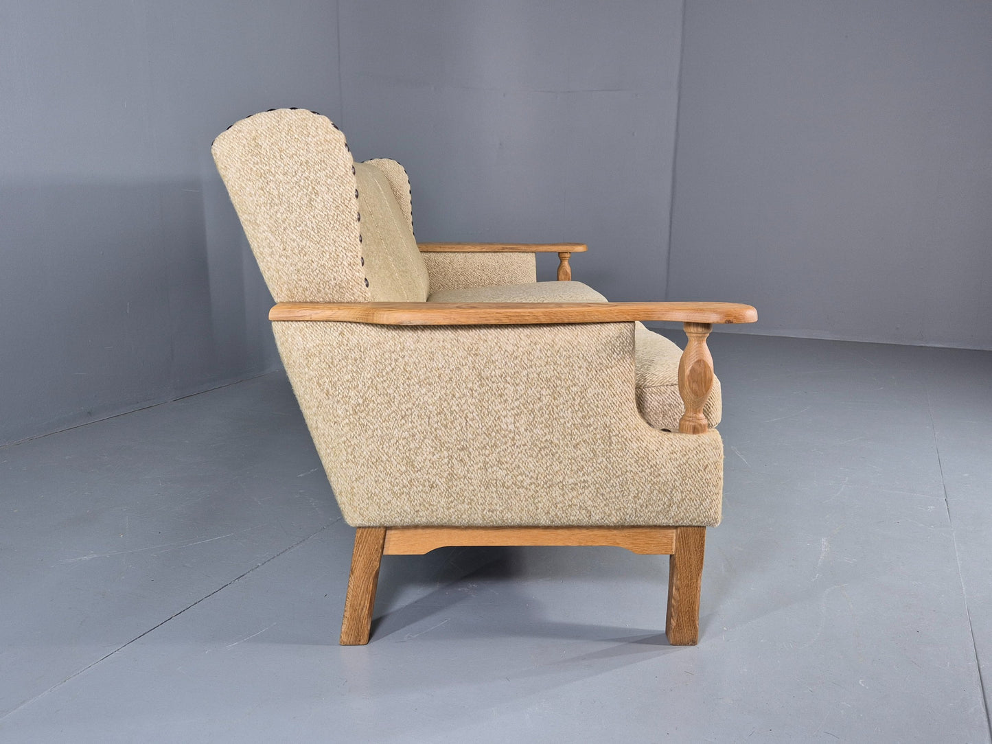 Vintage 3 Seat Sofa Danish 1970s Oak Frame Cream Wool Cloth Retro  EB12753