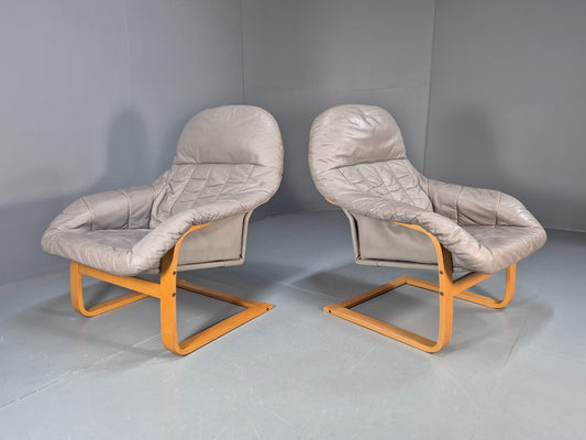 2 Vintage 1980s Leather Lounge Chairs Bentwood Frames Danish Retro MCM EB09253