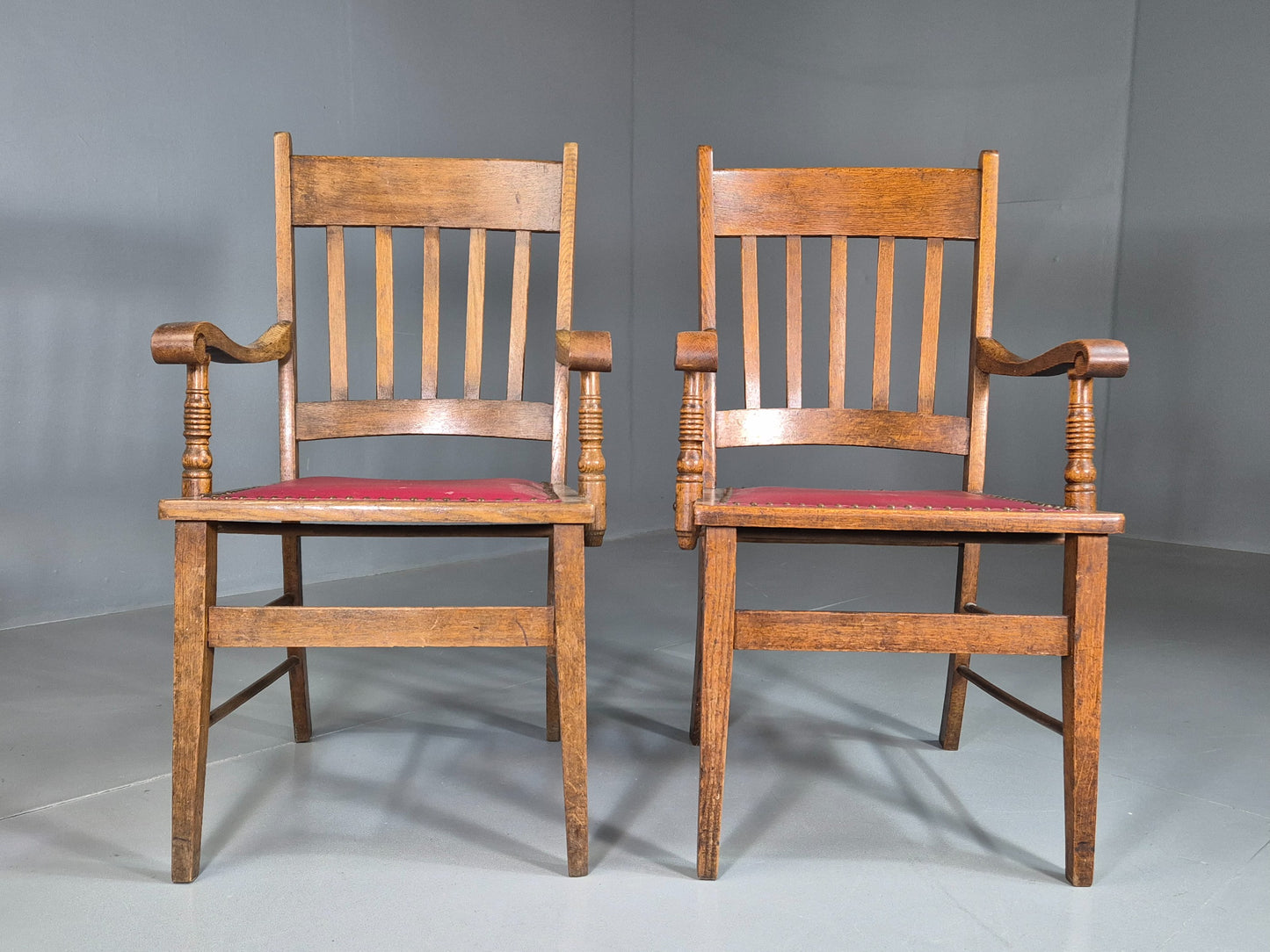 2 Antique Elbow Chairs Danish Oak Frame Red Leather 1900s EB07393