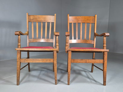 2 Antique Elbow Chairs Danish Oak Frame Red Leather 1900s EB07393