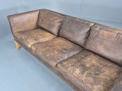 Vintage Danish 3 Seater Sofa 1970s Brown Leather Patinated Retro MCM EB12412