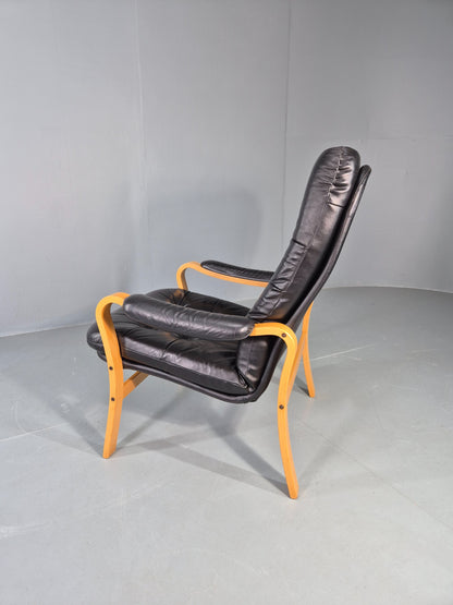Vintage Danish Faux Leather Lounge Chair Bent Wood Frame 1980s Retro EB13074